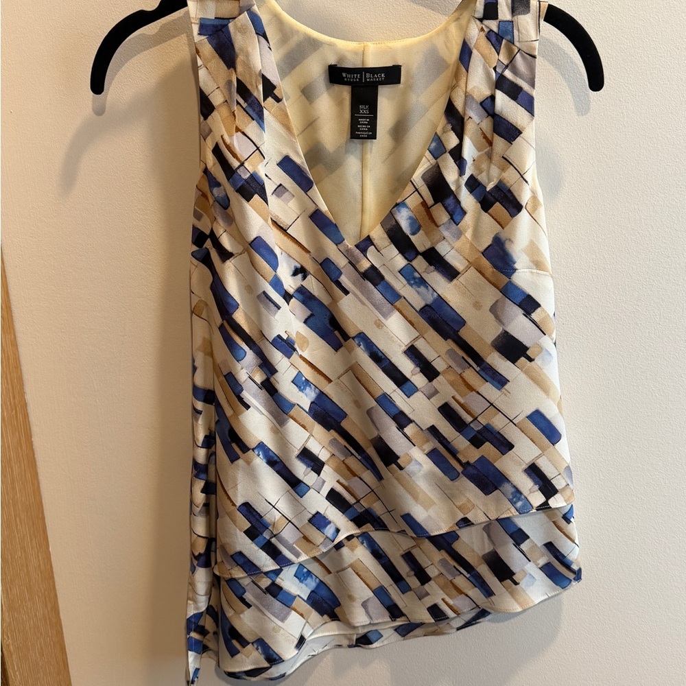 White House Black Market Blue & Cream Geometric V-Neck Tank